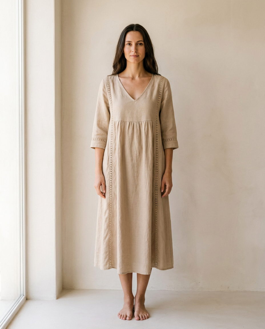 Vestido midi bohemio mujer — bolsillos y detalle de puntilla — 1