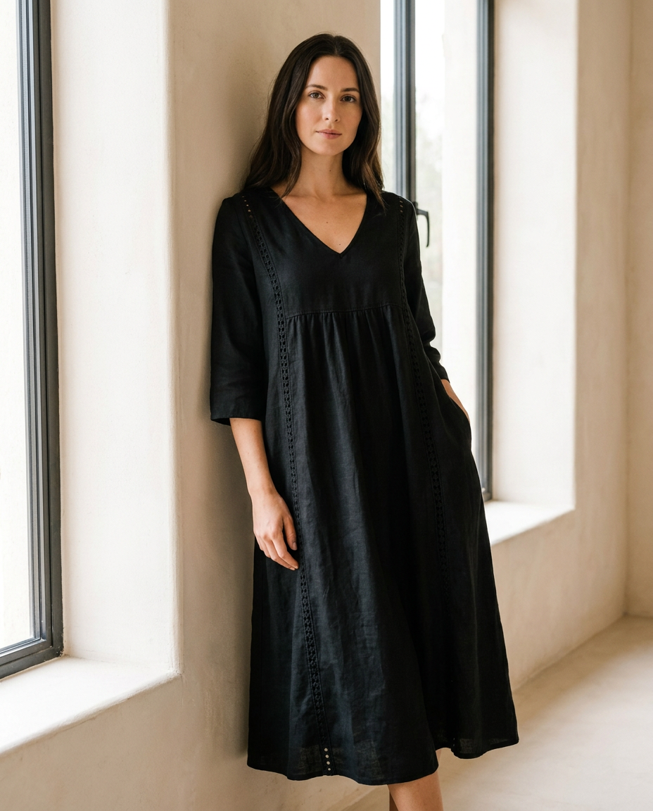 Vestido midi bohemio mujer — bolsillos y detalle de puntilla — 5