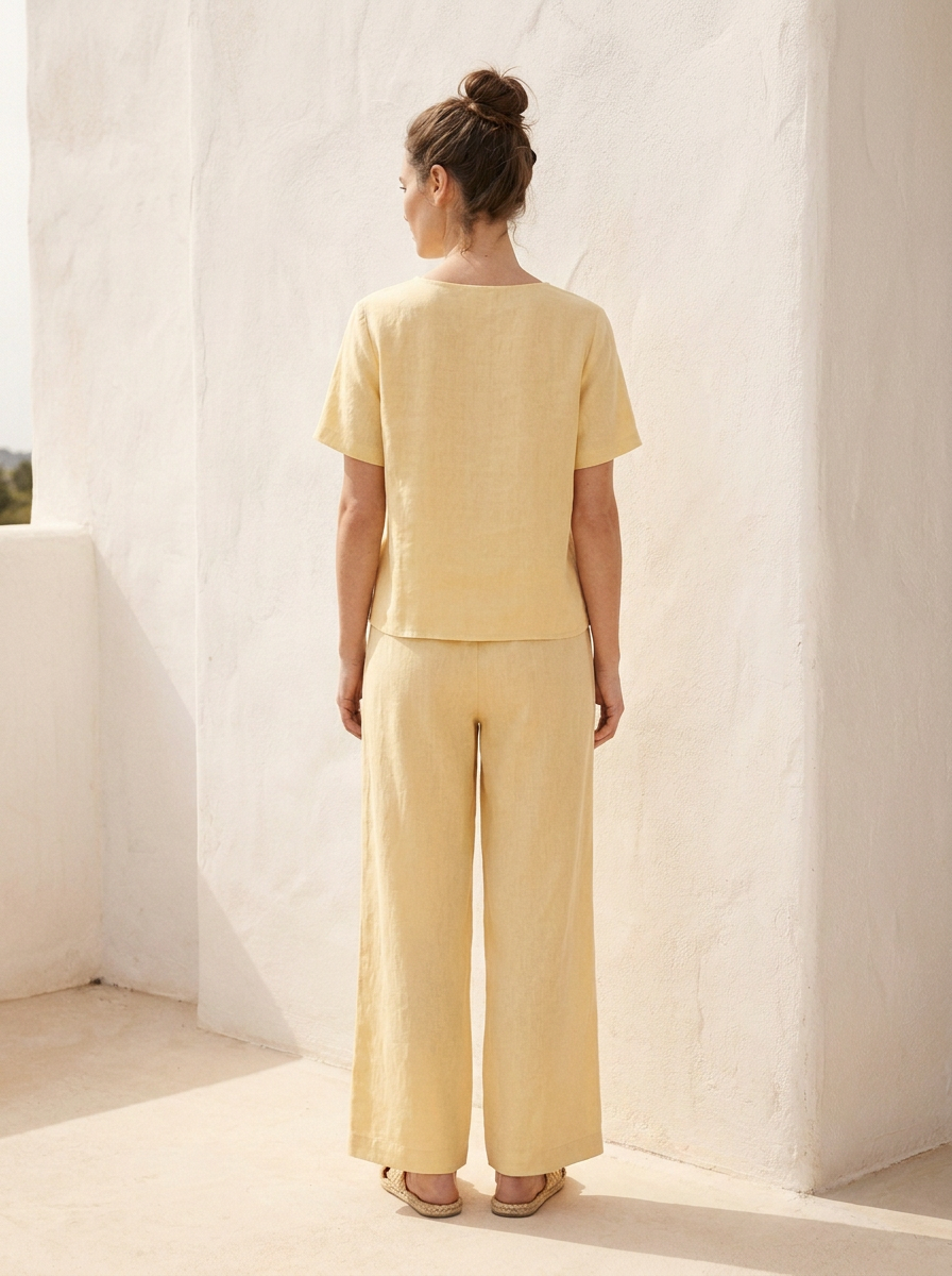 Conjunto coordinado mujer — top y pantalón (lino, mantequilla) — 2