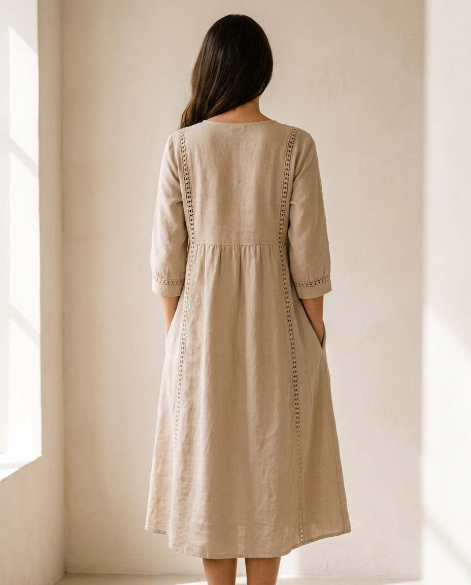 Vestido midi bohemio mujer — bolsillos y detalle de puntilla — 2