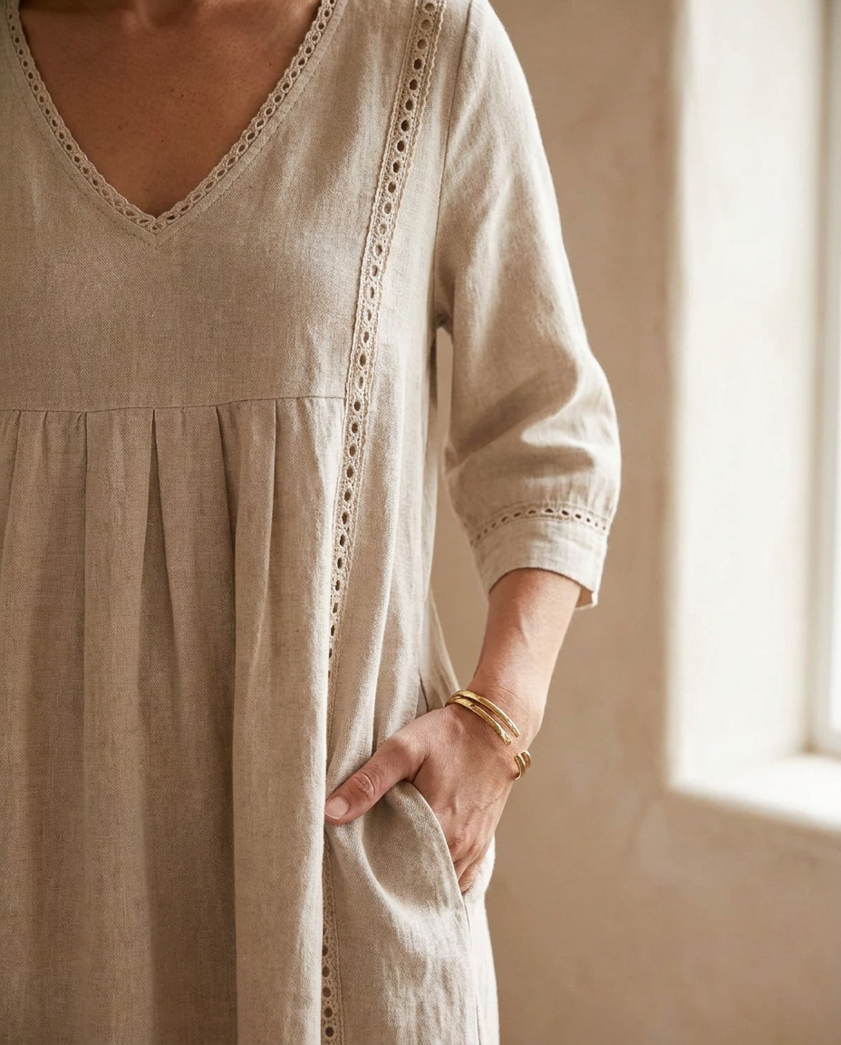 Vestido midi bohemio mujer — bolsillos y detalle de puntilla — 3