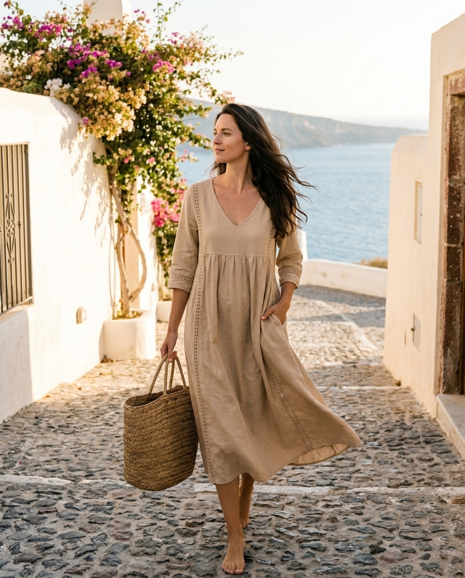 Vestido midi bohemio mujer — bolsillos y detalle de puntilla — 4