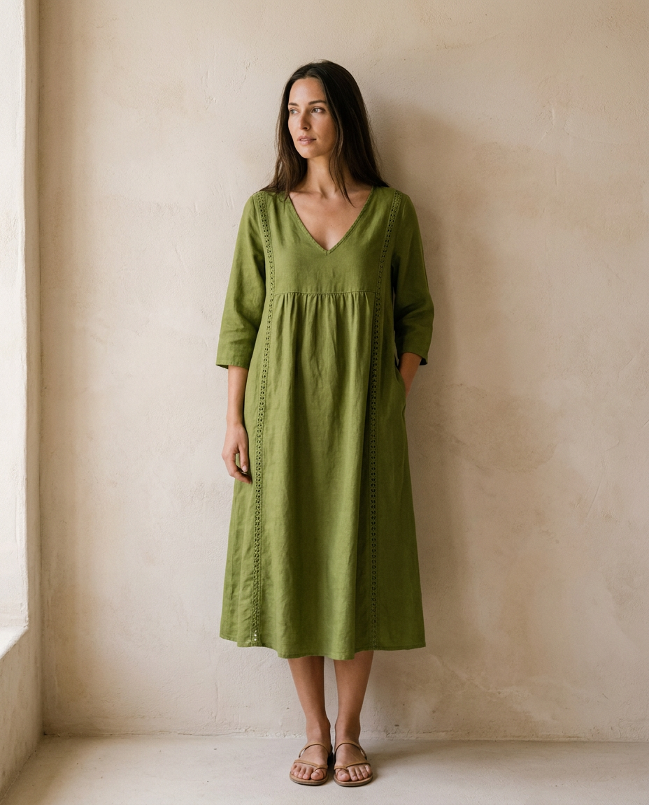 Vestido midi bohemio mujer — bolsillos y detalle de puntilla — 6