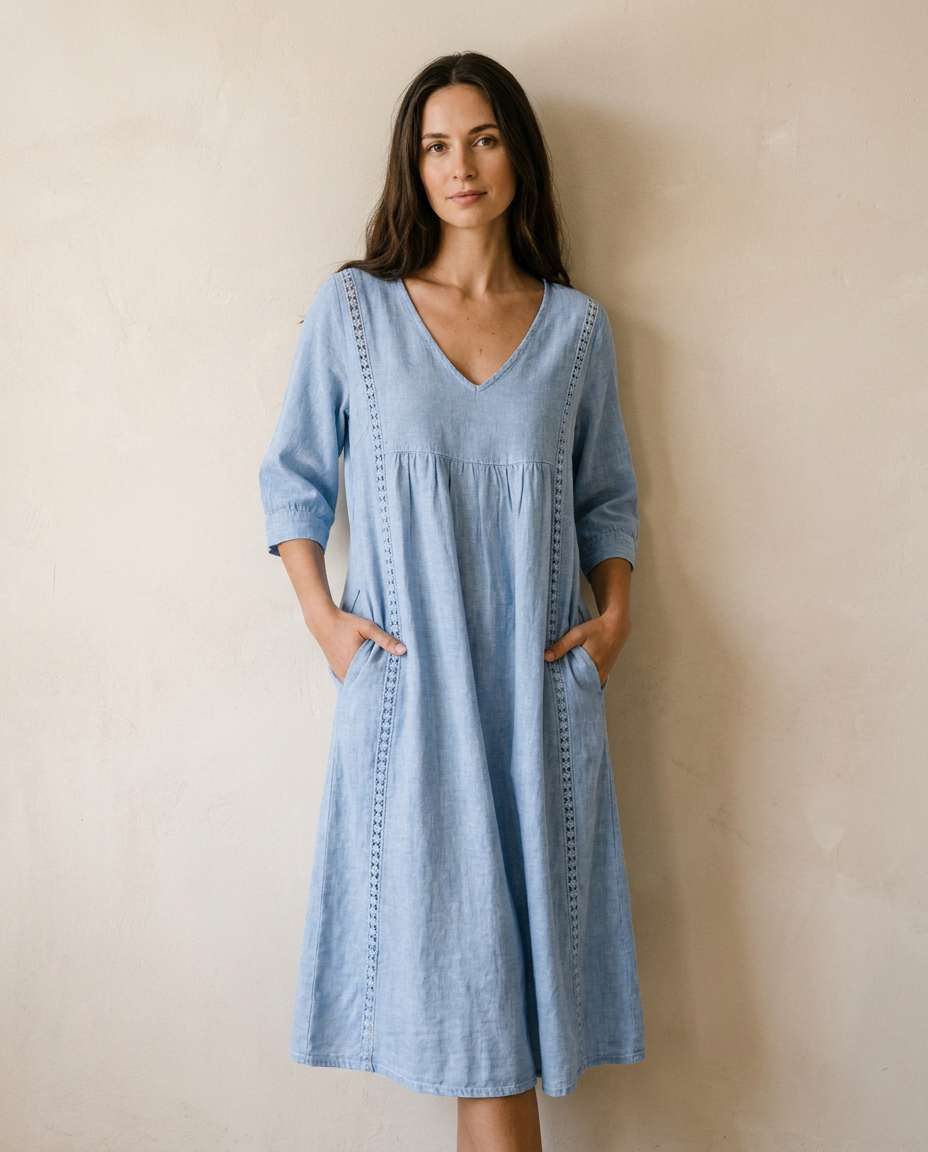 Vestido midi bohemio mujer — bolsillos y detalle de puntilla — 7